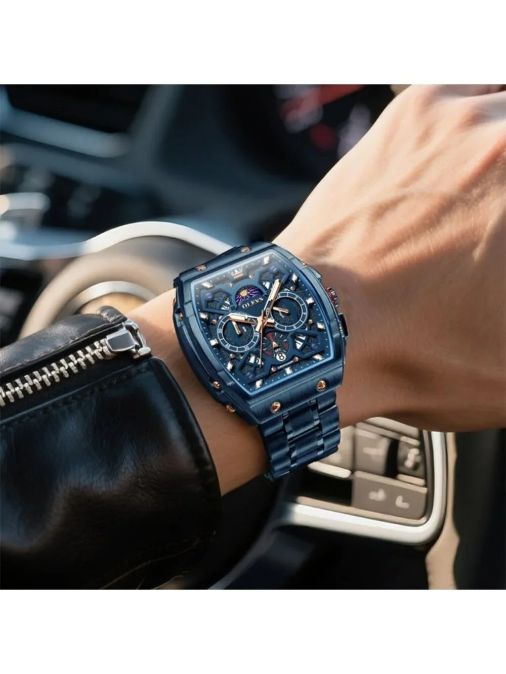 Men's Blue Chronograph Big Square Analog Stainless Steel Date Wrist Watch